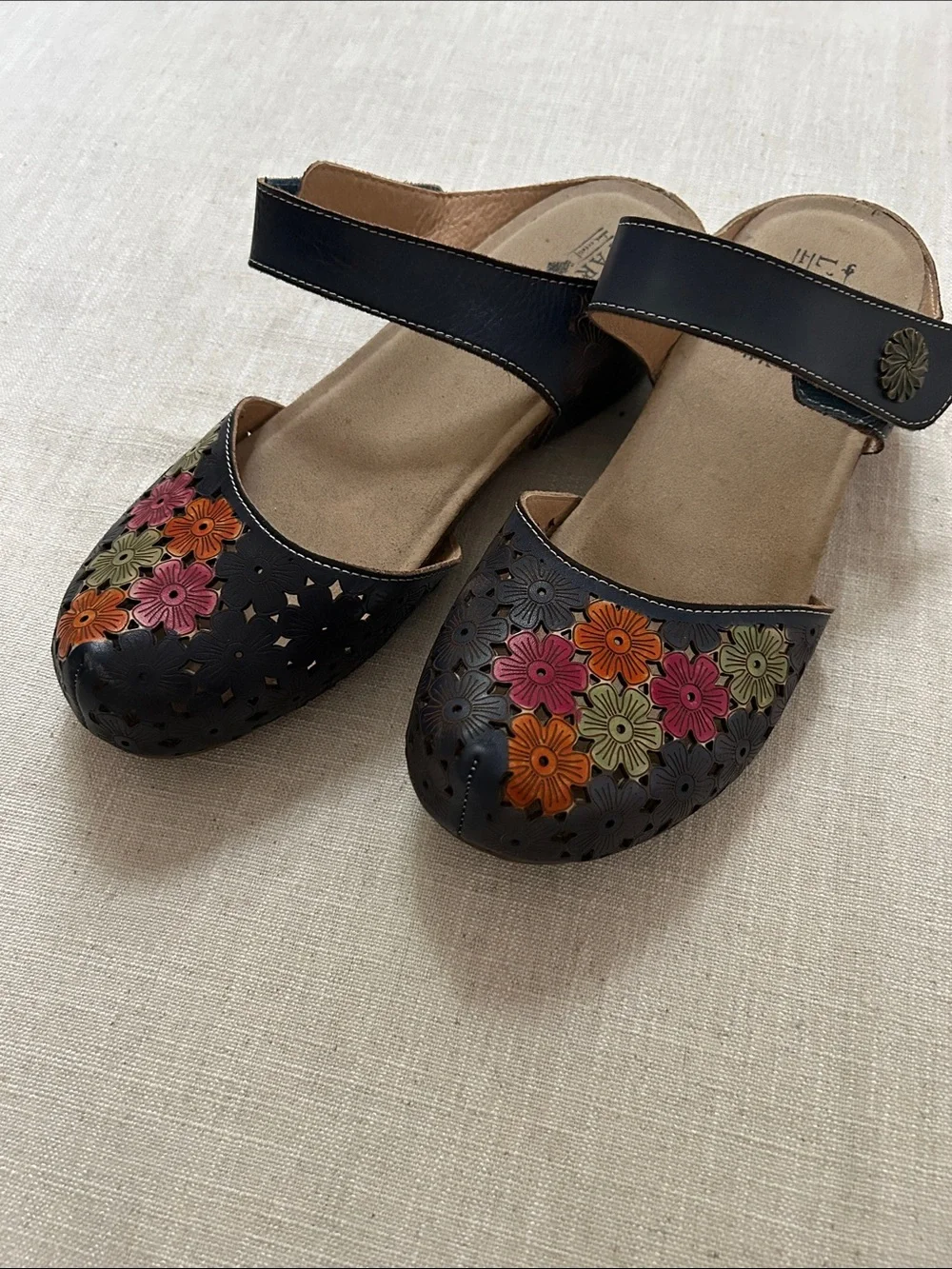 Spring Step L'artiste Spikey Floral Sandal Navy SZ 42 Leather Comfort Mary Jane